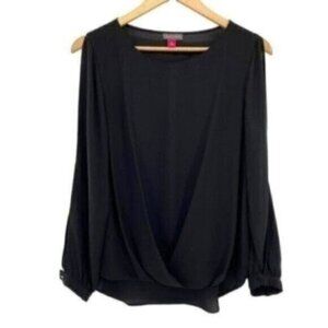 Vince Camuto Black Peekaboo Sleeve Draped Wrap Blouse